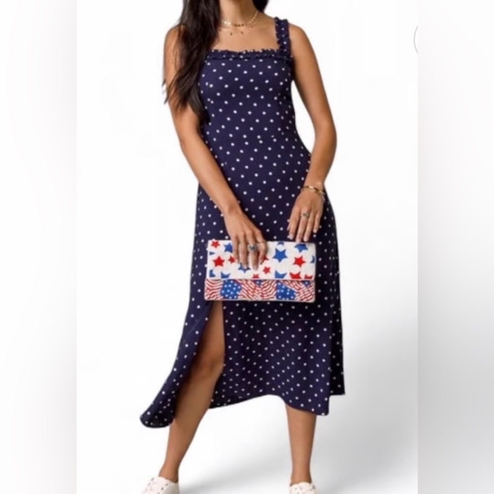 Navy Blue and White Polka Dot Midi Dress with Sexy Front Slit NWT